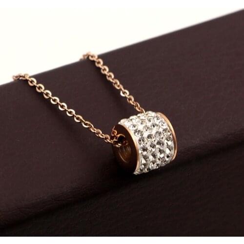 Fashion Stainless Steel Crystal Pendant Necklaces Love Geometric Cylinder Rose Gold Color Necklace Women Lady Party Gift