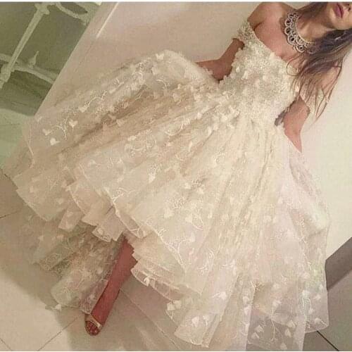 Fashion Ivory Strapless Off the Shoulder Beaded Flowers Lace Short Front Long Back Prom Dresses Saudi Arabia Ball Gown for Party