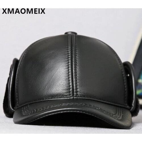 Winter Mens Warm Hat Natural Genuine Leather Cap Plus Velvet Thermal Baseball Caps Cowhide Leather Earmuffs Hats Snapback Cap