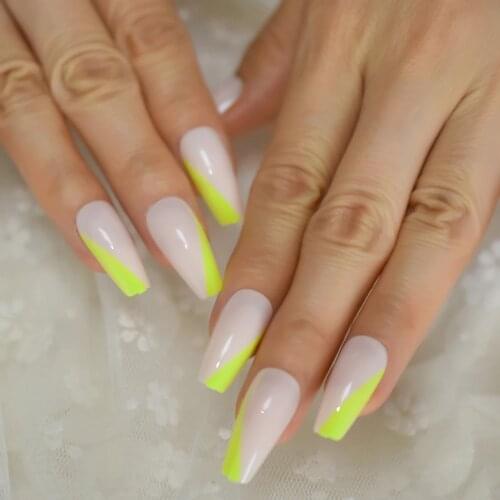 French Angled Tapered Ballerina Fake Nails Green Tips Acrylic Thick Fingernails False 24 Pc Nail Set Kit with Adhesive Tabs