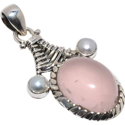 Nature Rose Quartz + Pearl Pendant 925 Sterling Silver, 45 mm, MHBAP5659