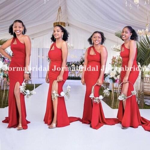 Cutout One Shoulder Bridesmaid Dresses With Skirt Slit Custom Made Red Mermaid Long Wedding Guest Dress demoiselle d’honneur