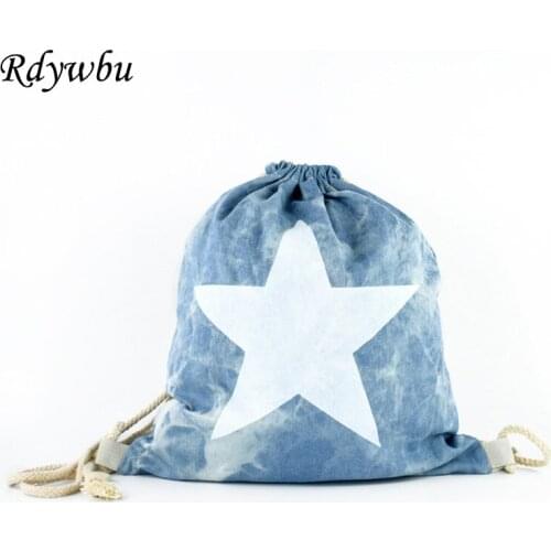 Rdywbu Women Big Star Printed Drawstring Backpack Vintage Navy Blue Girl School Bagpack Mochila Feminina Travel Sack Bag B406