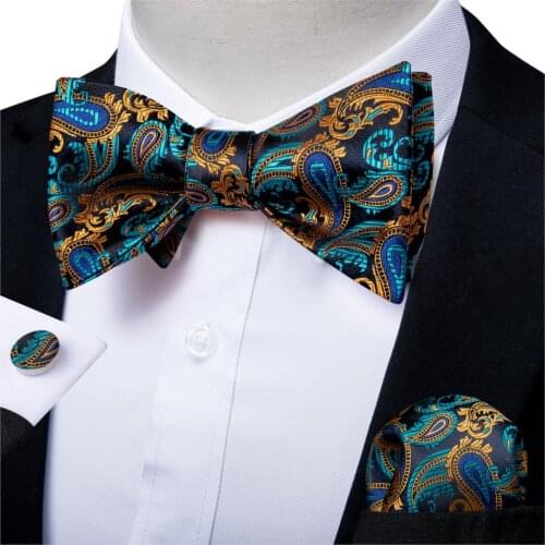 Adjustable Mens Silk Bowties Formal Self Bow Tie Men Navy Paisley Wedding Bow Tie Handkerchief Cufflinks Set Tuxedo Bow DiBanGu