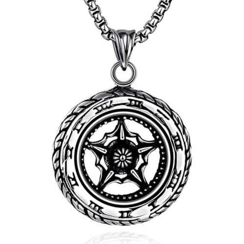 RIR Round Pendant Necklace 316L Stainless Steel Silver Gold Charm Punk Rock Cool Jewelry Pentagram Wheel Shaped Pendant Necklace