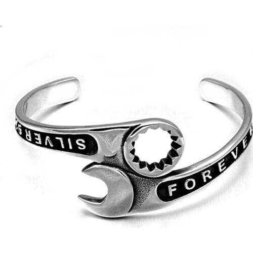 Silver Vintage Punk Rock Open Wrench Bracelet Titanium Stainless Steel Cuff Bangles Biker Bracelets for Men Tools Jewelry A0262