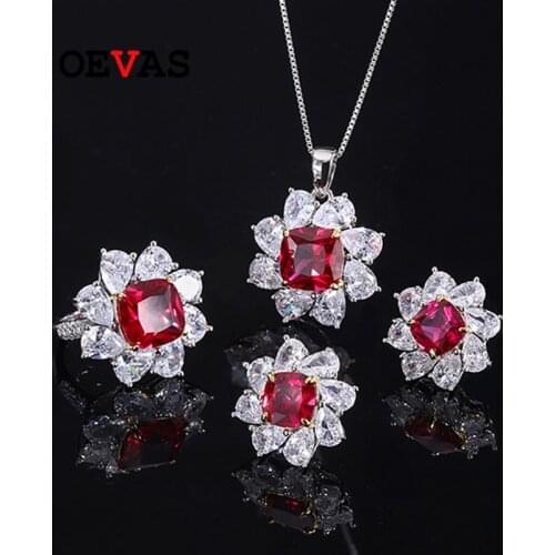 OEVAS 100% 925 Sterling Silver Ruby High Carbon Diamond Rings Stud Earrings Pendant Necklace For Women Wedding Fine Jewelry Set