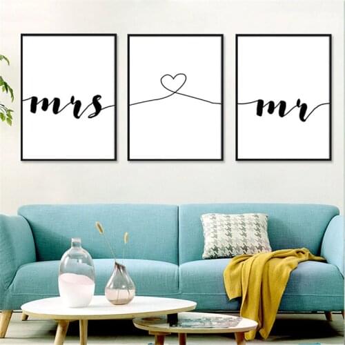 Mrs and Mr Modern Picture Nordic Home Decor Nordic Canvas Painting Wall Art Romantic Print Minimalist Decor Painting for Bedroom