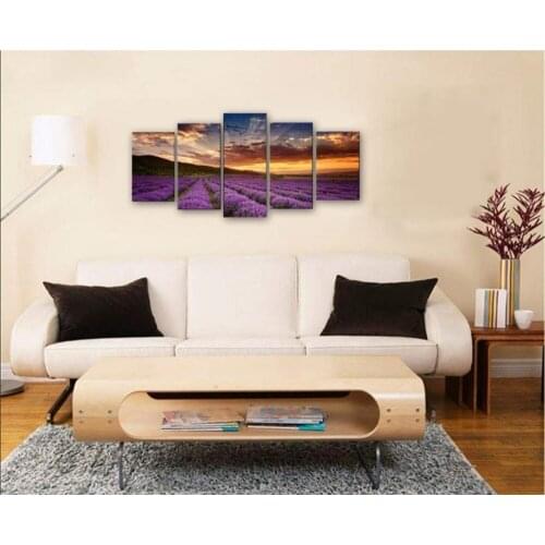 Modern Paintings Home Decor HD Printed Framework Posters 5 Panel Lavender Landscape Wall Art Canvas Pictures