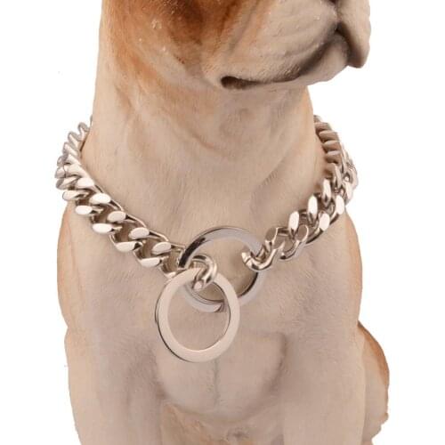 Tiasri Stainless Steel Dog Chain Curb Pet Collar Choker Link Silver Color Adjustable Size Pet Dog Training Leash 12 14 16 18 mm