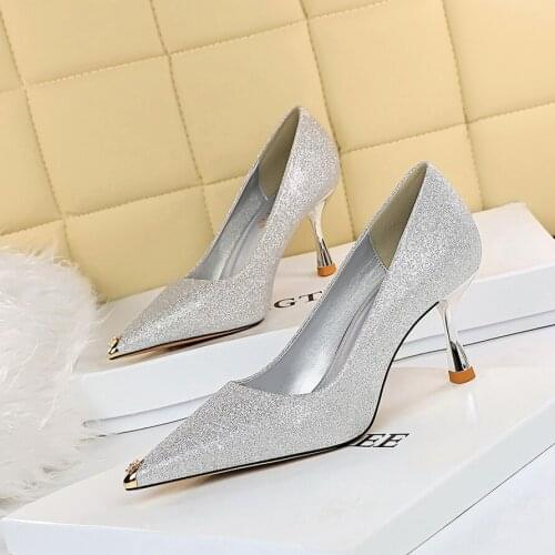 BIGTREE High Heels Women Pumps Sexy Sequined Color Shallow kitten heel Office Party Ladies Metal Pointed Toe Shoes Zapatos Mujer