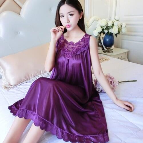 XXXXL Women Ice Silk Satin Nightgown Sleeveless Sleepshirt V-neck Night Shirt Elegant Night Dress Lace Sleeping Dress Home Dress