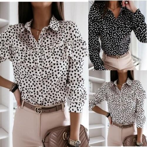 Women Polka Dot Print Shirt Loose V neck Tops Ladies Casual Ruffles Long Sleeve Blouse Fall Office Work Shirts Tops Women Female