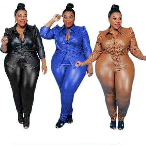 Echoine Fall Woman Plus Size Leather Two-piece Solid Sexy Lapel Shrug Sleeve Shirt Faux Leather Tops Trousers Outfits Loungewear