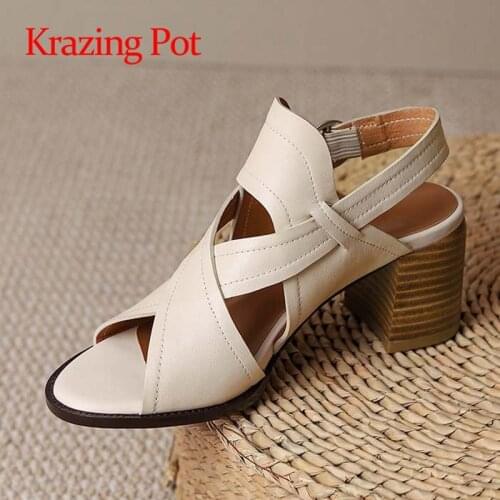 Krazing pot genuine leather high heel round toe solid European style vintage high fashion buckle straps women summer sandals L02