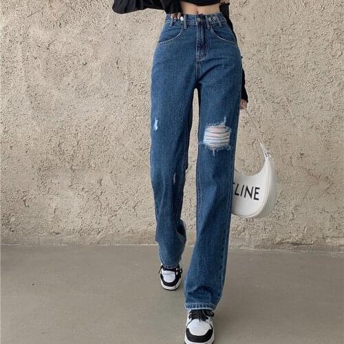 Spot China autumn new personality fashion street trend women loose high waist wide leg ripped jeans