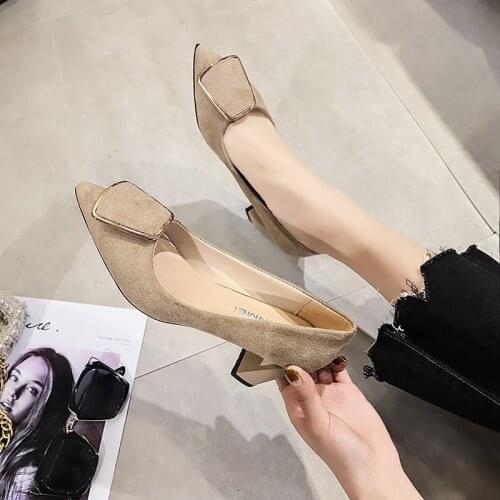 Womens High Heels Square Buckle High Heels Ladies High Heels Womens Shoes Pointed Toe Wedding Shoes Suede Square Heel Shoes