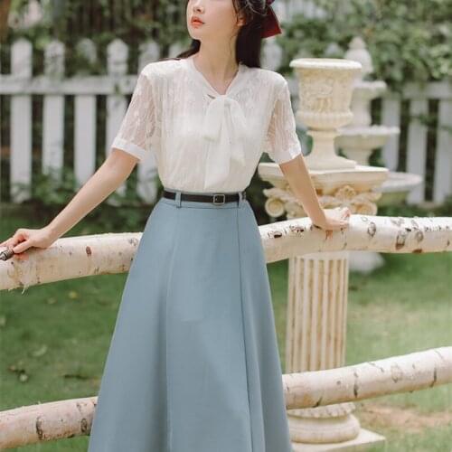 Korean Two Piece Set Women Summer Fashion Chic Bow Tie Gentle Sweet Lace Top+Literary Retro Skirt Suit With Belt