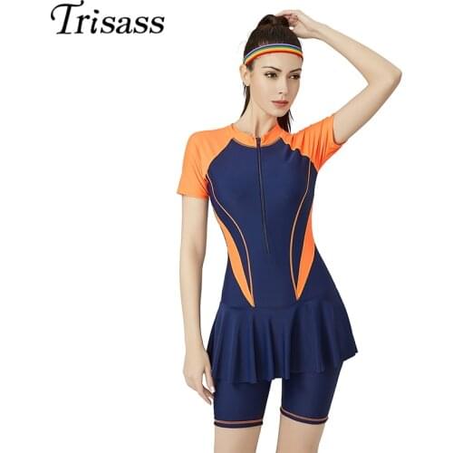 Trisass 2020 New Womens One Piece Skirt Swimwear Plus Size Sport Bodysuit Short Sleeve Pants Surf Suit With Zipper Swimsuit