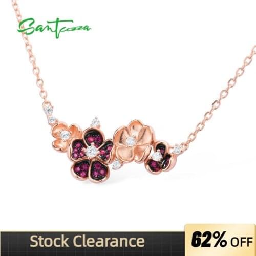 SANTUZZA Silver Necklace For Woman Genuine 925 Sterling Silver Rose Gold Color Elegant Pink Flowers Necklace Party Fine Jewelry