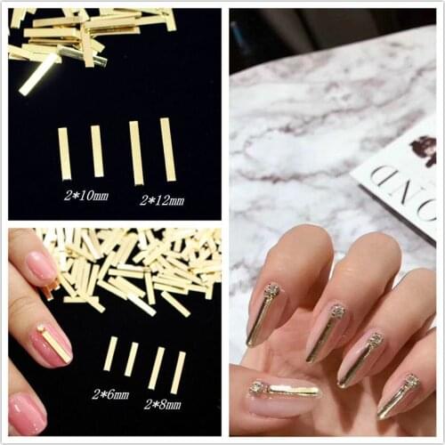 100Pcs Nail Gold Strip 2x6mm/2x8mm/2x10mm/2x12mm 3D Rectangle Nail Charms For Metal Nail Decals Nail Supplies Jewelry Gems