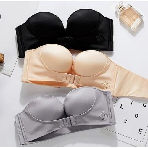 1/2 Cup Push Up Bra Front and Behind Buckle Underwear Women Sexy Deep V Strapless Stealth Brassiere Wire Free Thicken Lingerie