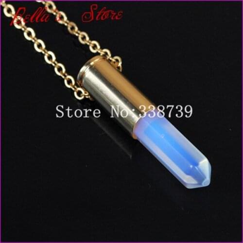 1pc Nature Opal Opalite Gems Pendant Necklace Gems Druzy Quartz Point Long Bullet Pendant Real Casing Necklace