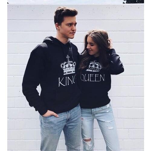 2018 Autumn Couple Matching Chic Hooded Hoodies Imperial Crown King Queen Print Women Men Sweatshirts for Lover Casual Pullover