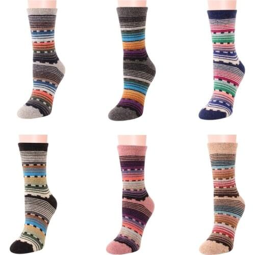 6 Pairs Women Winter Warm Faux Wool Crew Socks Ethnic Colorful Stripes Printed Thick Knitted Cozy Mid Calf Tube Hosiery