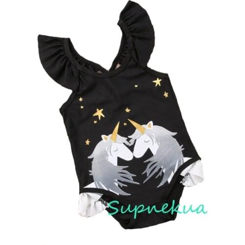 2019 Summer Bathing Suit Baby Kids Horse Printed Flying Sleeves Swimwear Swimming Costume One Piece Swimsuit