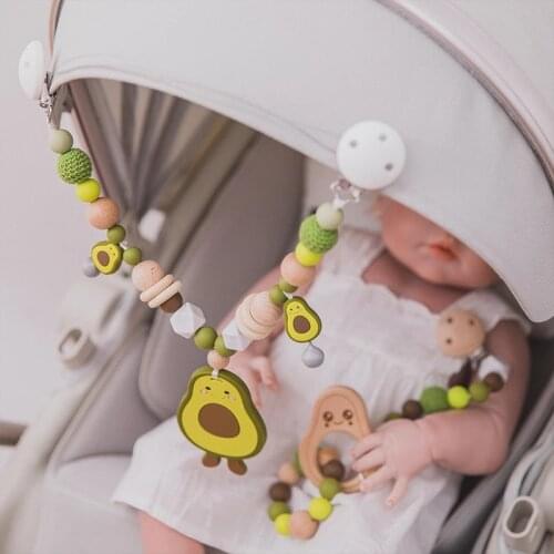Baby Teether Wooden Pram Clip Baby Mobile Pram Silicone Avocado Teeth Pendant Pacifier Chain Mobile Bed Holder Stroller Toy