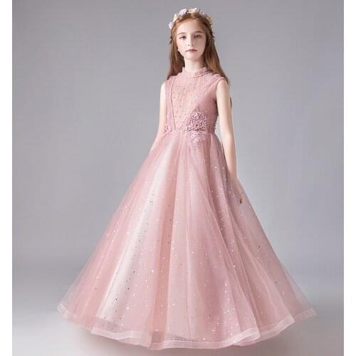 Sequin Tulle Flower Girl Wedding Long Dress Sequin Lace Girl Princess Party Pageant Birthday Clothing Girls First Communion Gown