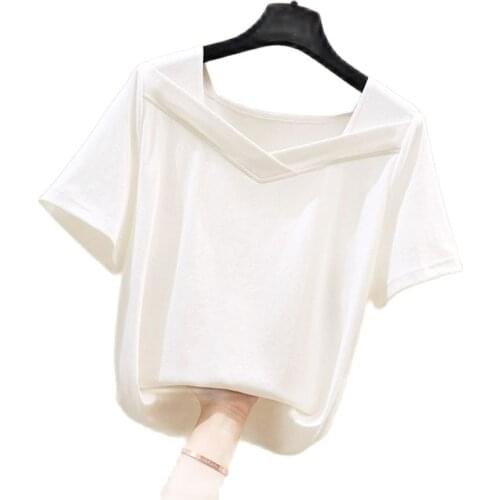 2021 summer white cotton T-shirt womens Korean fashion V-neck slim fit elastic Casual Short Sleeve T-Shirt womens top