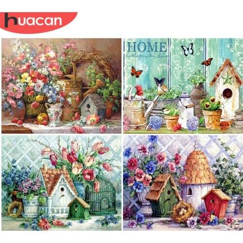 HUACAN Diamond Painting House Full Square Picture Of Rhinestone Flower DIY Diamond Embroidery Cross Stitch Scenery Decoration