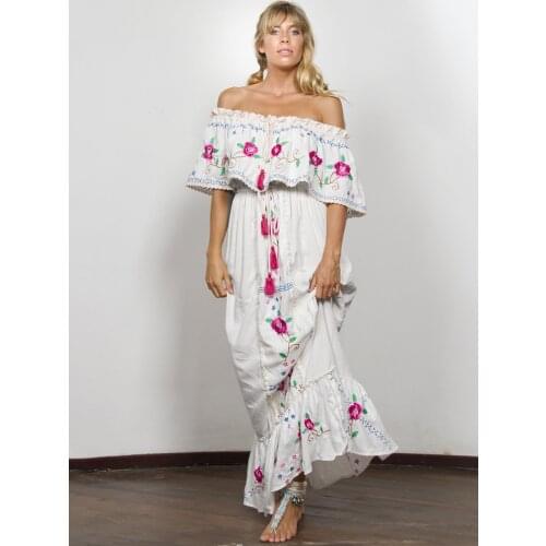 Jastie Boho Women Elegant Embroidered Lace Maxi Dress Off the Shoulder Sexy Slash Neck Casual Beach Summer Dress Female Vestidos