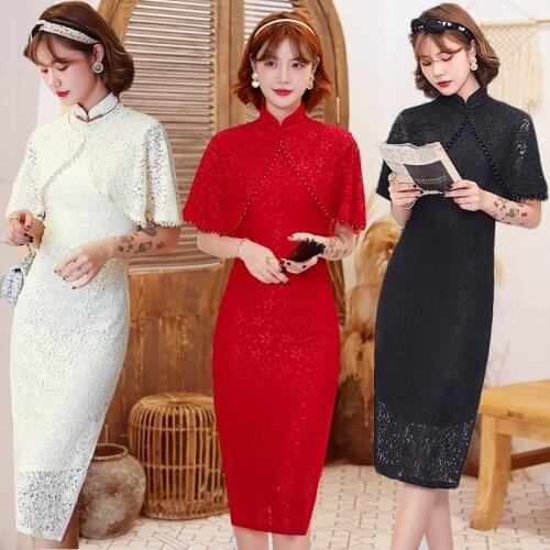 Chinese Retro Lace Qipao Dresses With Pearl Shawl Eleglant Cheongsams Oriental Party Dress Cheongsam Dress chinese sexy dress