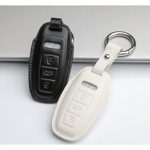 Leather Car Key Case Cover For Audi A3 A6 C8 A7 S7 A8 D5 S8 Q7 Q8 SQ8 E-tron 2018 2019 2020 2021 Accessories Ring