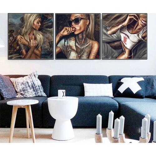 Cool Sexy Girl Tattoo Posters Pop Graffiti Street Sex Women Oil Painting Canvas Prints Cuadros Wall Art Pictures For Living Room