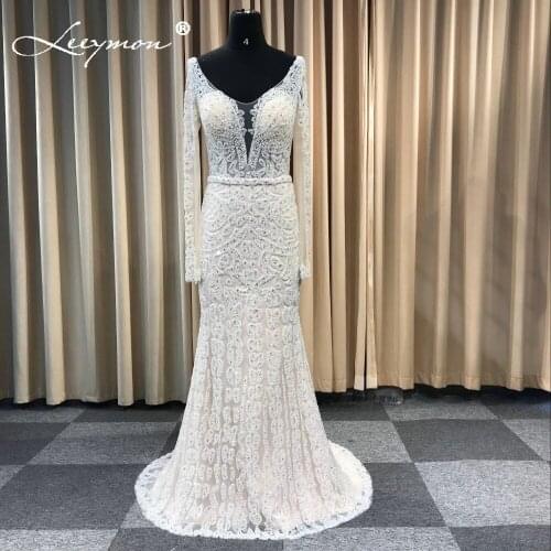 Leeymon Heavy Beaded Full Pearls Wedding Dress V-Neck Long Sleeves Mermaid Bridal Gown Ivory Floor-Length Dress