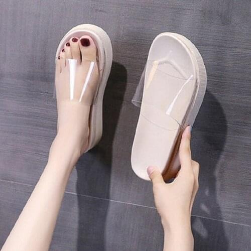 Summer New Style Transparent Sexy Elegant Mid-Heel Thick-Soled Non-Slip Wear-Resistant Ladies Slippers Fashion Outer Wear