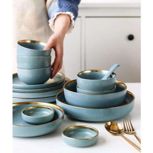 Matte Golden edge Ceramic Tableware Domestic Dishes Western Rice Bowls Soup Noodles