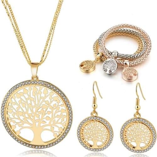 Fashion Tree of Life Jewelry Necklace Earrings Bracelets Sets Gold For Women Bridal Elegant Lady Wedding Jewelry Set ST200001