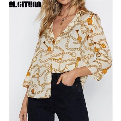 Fashion Blouses Women Chain Print Summer Chiffon Blouse Turn Down Collar Office Shirts Loose Casual Tops femme Plus Size BS353