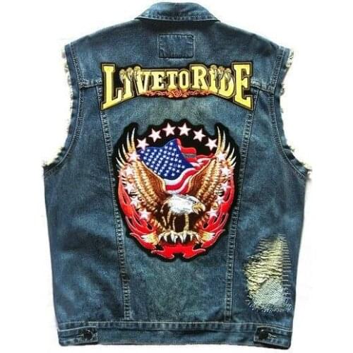 Motorcycle Mens Biker Denim Vest with Eagle Patches