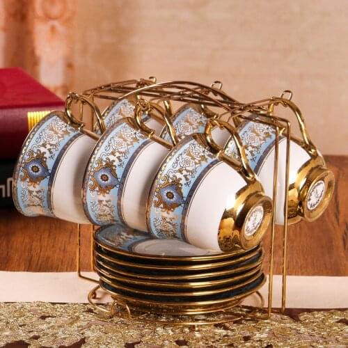 6 Pieces Set High Grade Coffee Cup set Ceramic Teacup Black Tea Cup With Shelf and Saucer Afternoon Tea Porcelain Cups