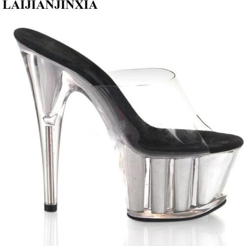 LAIJIANJINXIA New Transparent Pvc Women Slippers Outdoor Slides Ladies 15Cm High Heels Open Toe Platform Shoes Womens Shoes