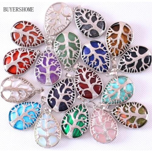 Silver Color Tree of life Water Drop Necklace Pendant Natural Stone Onyx Howlite Crystal Unakite Epidote Opal Lapis 10Pcs