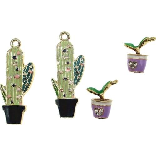 6pcs 8x14X17mm Potted plants Enamel cactus Charms Oil Drop Zinc Alloy Floating Pendant Fashion Jewelry Accessories XL706