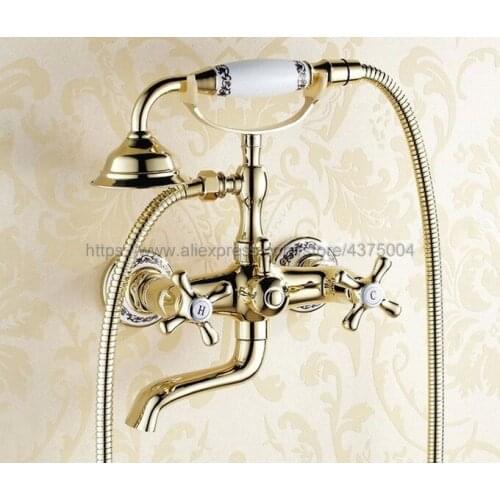 Luxury Gold Color Brass Bathtub Faucet Wall Mount Handheld Bath Tub Mixer System with Handshower Telephone Style Ntf408