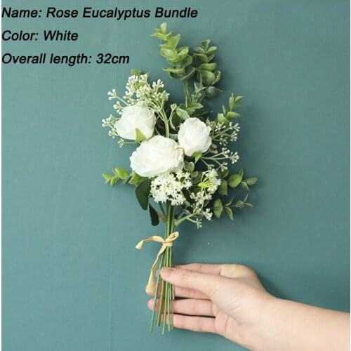 Rose Artificial Flowers with Eucalyptus Leaf Plant Bunch Fake Silk Flower Decoration Home Wedding Bride Holding Roses Bouquet